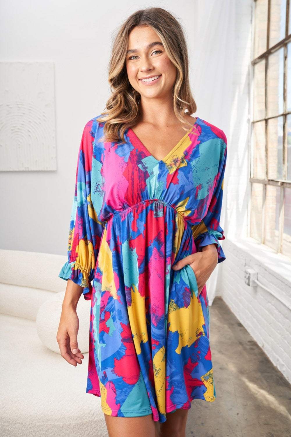 White Birch Full Size Printed V-Neck Mini Dress - Trendsi - Flyclothing LLC