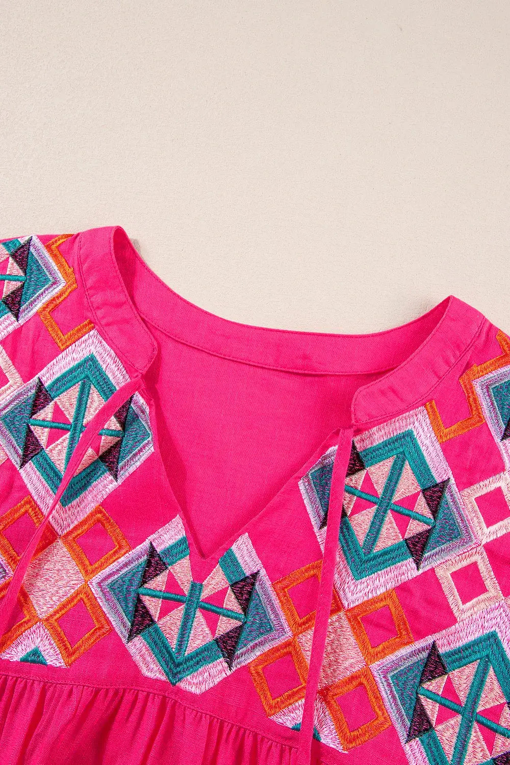 Geometric Embroidered Tassel Tie Neck Blouse - Trendsi - Flyclothing LLC
