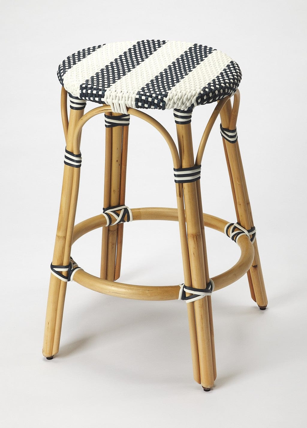 24" Blue White And Natural Rattan Backless Counter Height Bar Chair - Homeroots - Flyclothing LLC