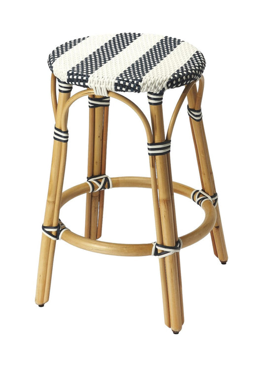 24" Blue White And Natural Rattan Backless Counter Height Bar Chair - Homeroots