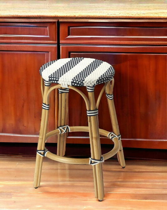 24" Blue White And Natural Rattan Backless Counter Height Bar Chair - Homeroots