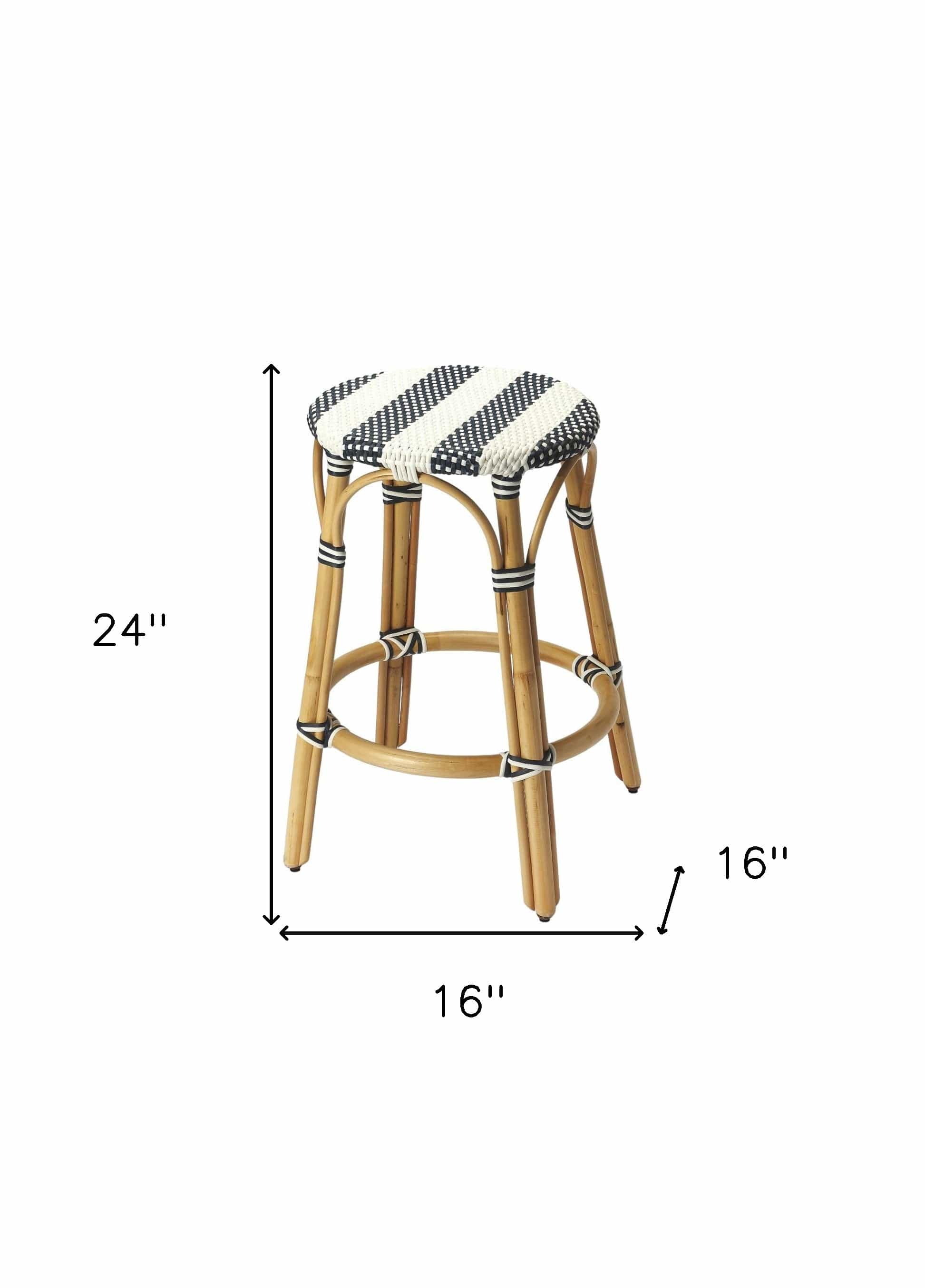 24" Blue White And Natural Rattan Backless Counter Height Bar Chair - Homeroots