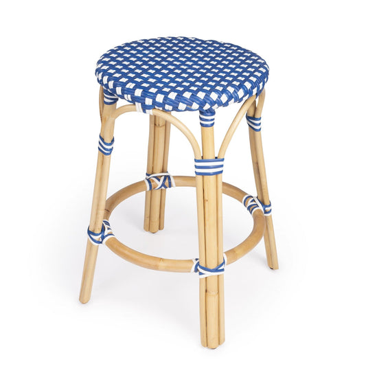 24" Blue And Wood Brown Heavy Duty Plastic And Rattan Backless Counter Height Bar Chair - Homeroots