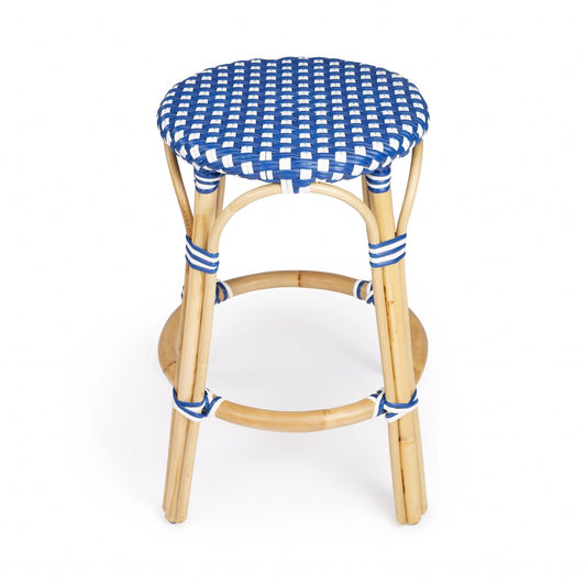 24" Blue And Wood Brown Heavy Duty Plastic And Rattan Backless Counter Height Bar Chair - Homeroots