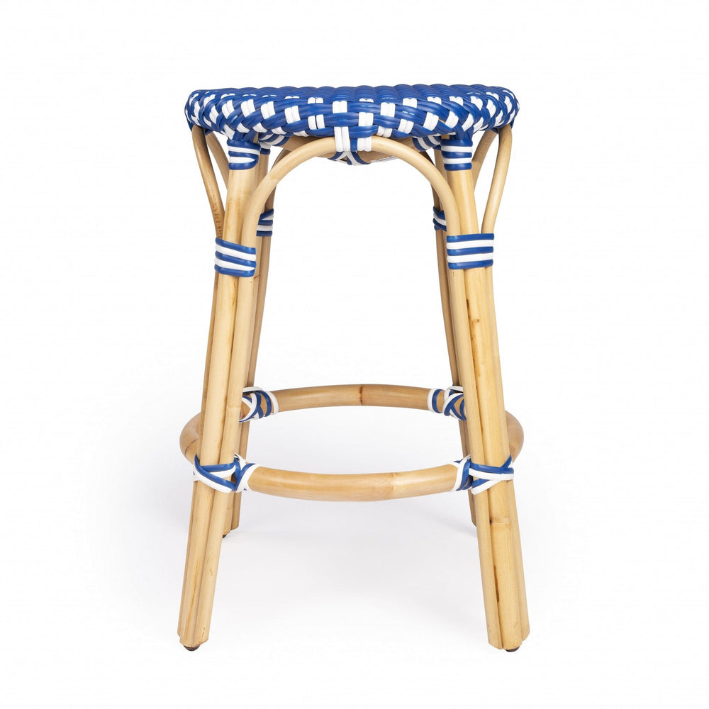 24" Blue And Wood Brown Heavy Duty Plastic And Rattan Backless Counter Height Bar Chair - Homeroots - Flyclothing LLC