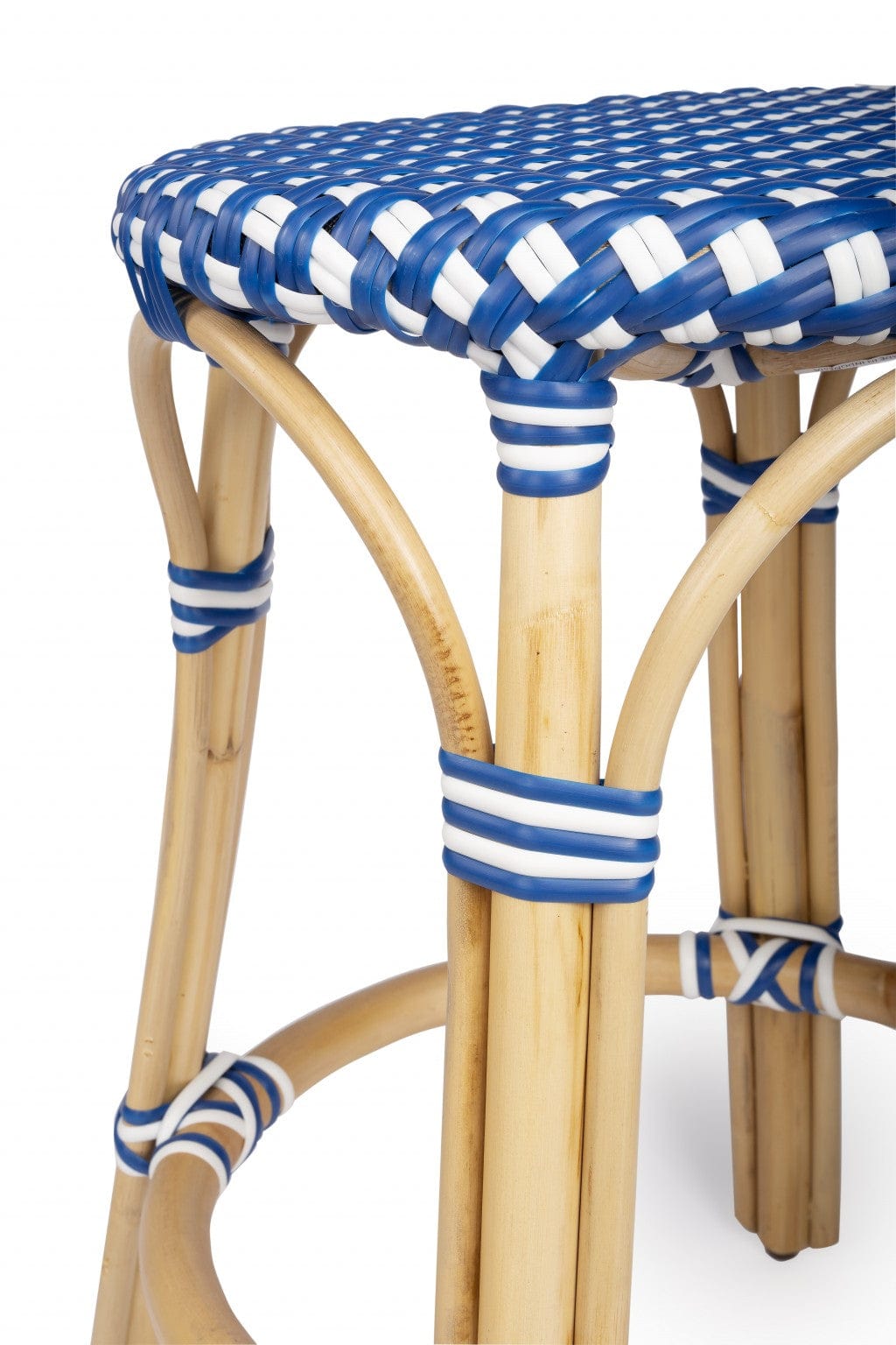 24" Blue And Wood Brown Heavy Duty Plastic And Rattan Backless Counter Height Bar Chair - Homeroots