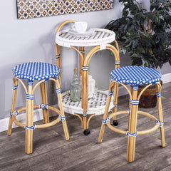 24" Blue And Wood Brown Heavy Duty Plastic And Rattan Backless Counter Height Bar Chair - Homeroots