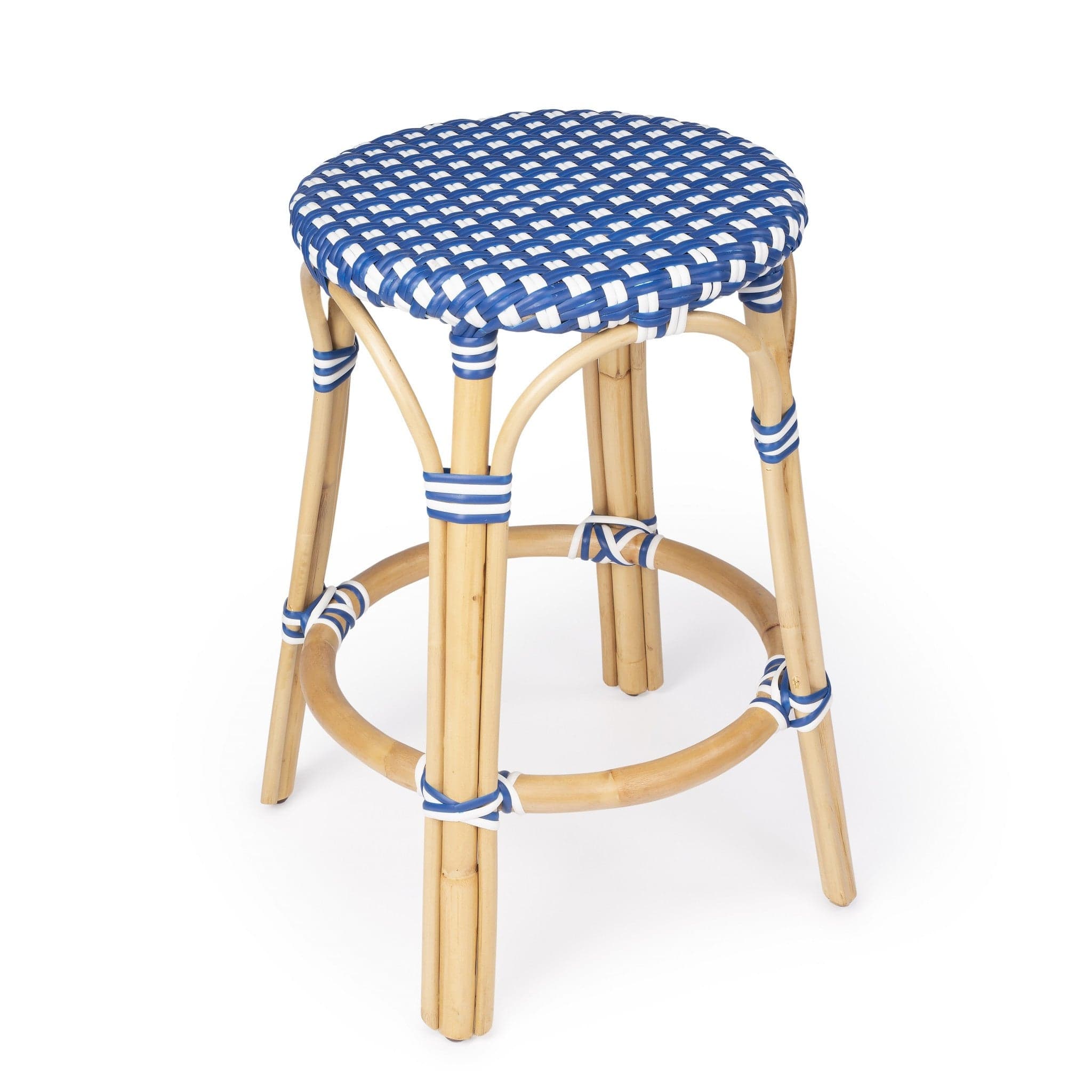 24" Blue And Wood Brown Heavy Duty Plastic And Rattan Backless Counter Height Bar Chair - Homeroots