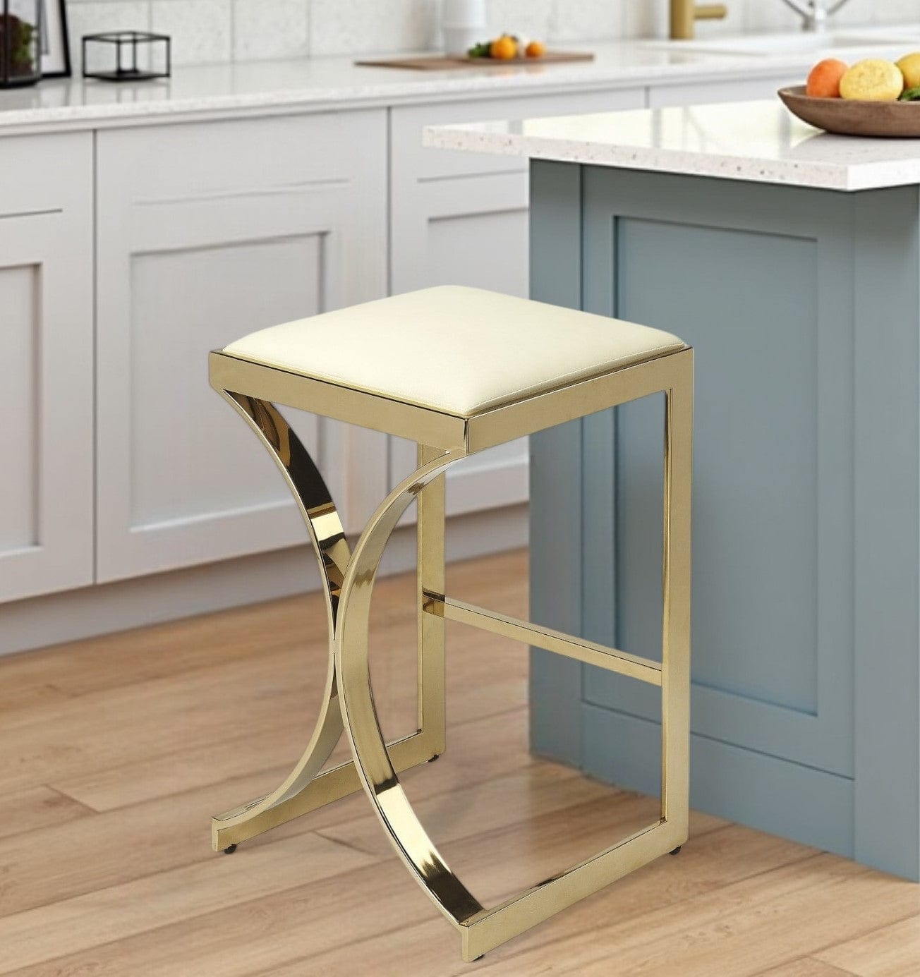 24" Off White And Gold Faux Leather And Iron Backless Counter Height Bar Chair - Homeroots - Flyclothing LLC