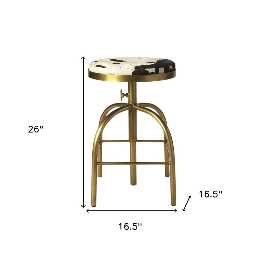 Black Off White And Gold Hair on Hide And Iron Adjustable Height Swivel Bar Chair - Homeroots - Flyclothing LLC