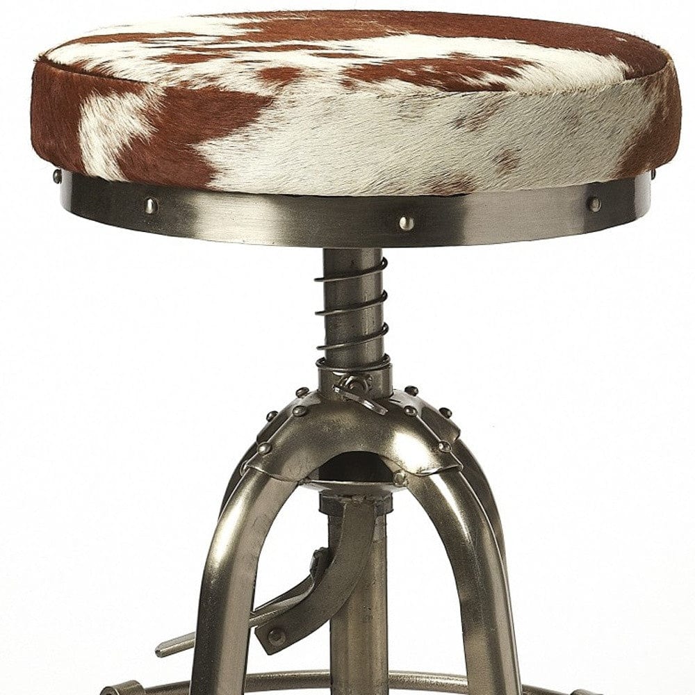 Brown and White And Silver Iron Swivel Backless Bar Chair - Homeroots