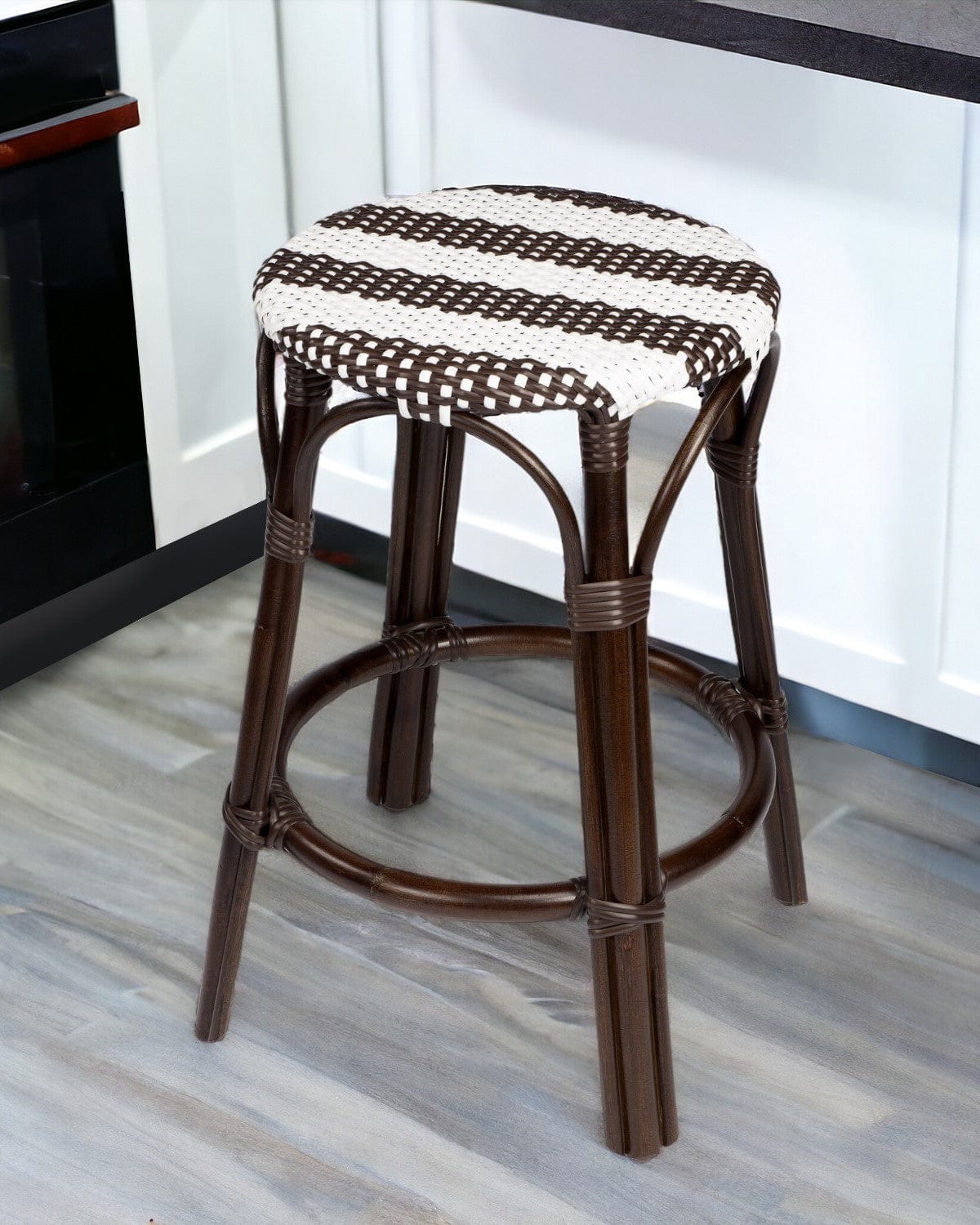 24" Dark Brown and White Rattan Backless Counter Height Bar Chair - Homeroots