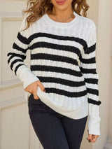 Striped Cable Knit Round Neck Sweater - Trendsi - Flyclothing LLC