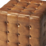 18" Brown Tufted Leather Vintage Style Cube Ottoman - Homeroots