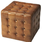 18" Brown Tufted Leather Vintage Style Cube Ottoman - Homeroots