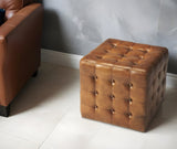 18" Brown Tufted Leather Vintage Style Cube Ottoman - Homeroots