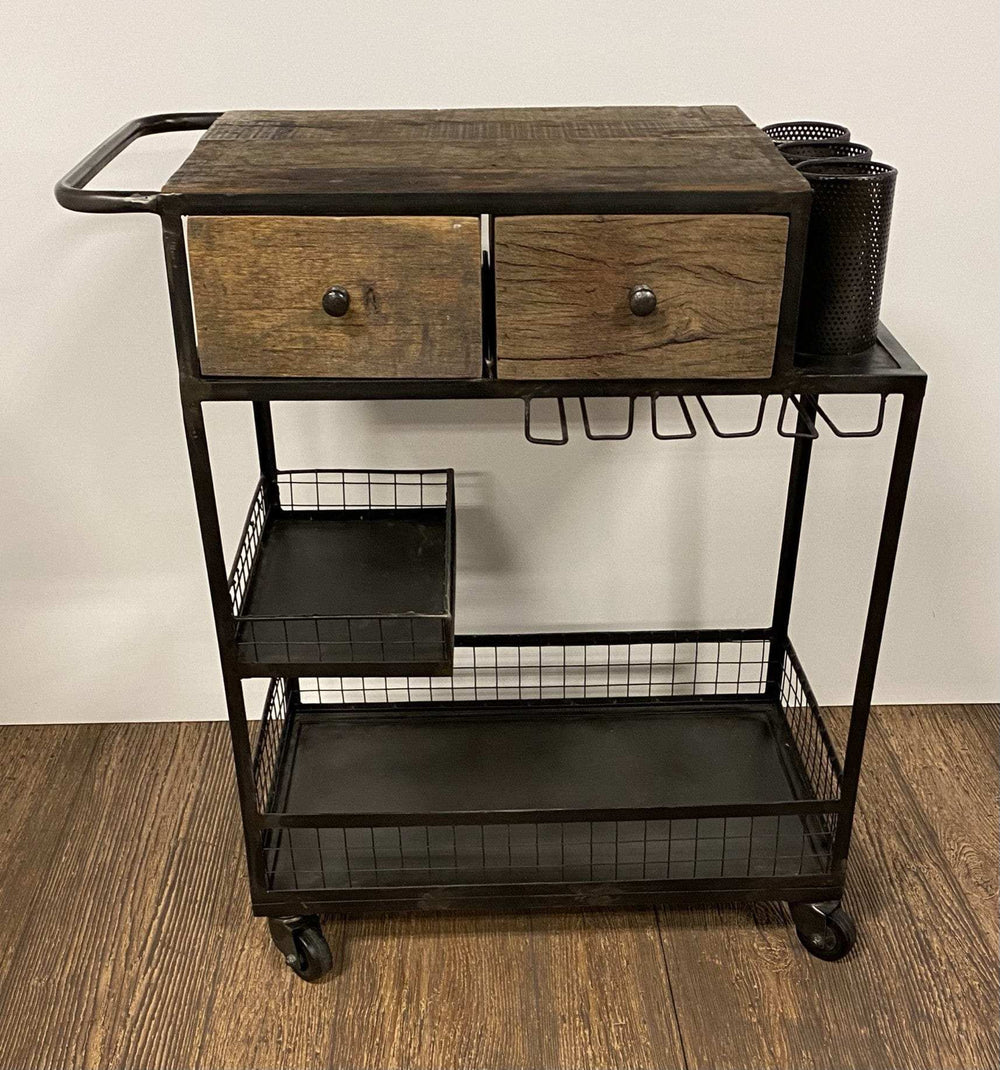 Rolling Rustic Black And Natural Bar Cart - Homeroots - Flyclothing LLC