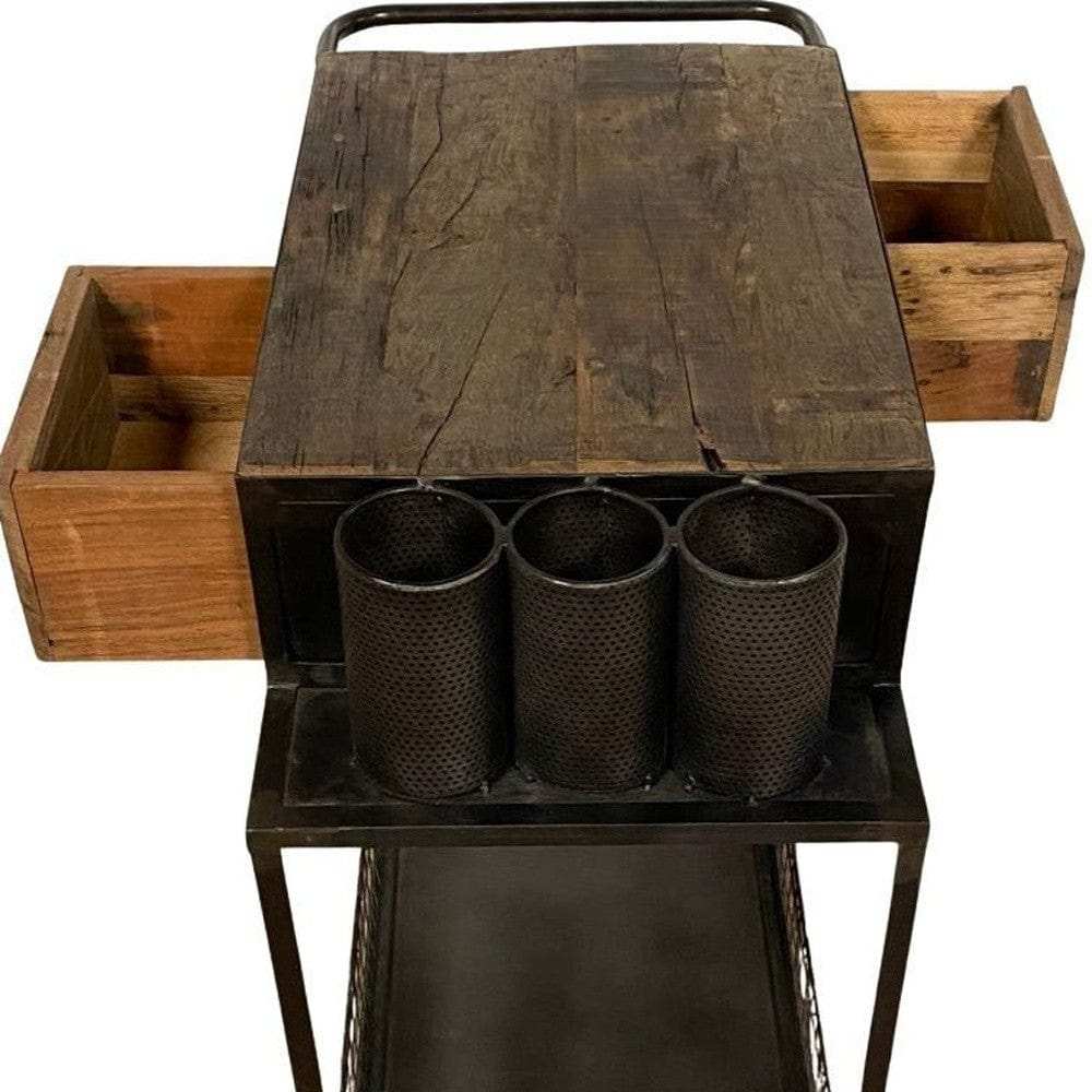 Rolling Rustic Black And Natural Bar Cart - Homeroots - Flyclothing LLC