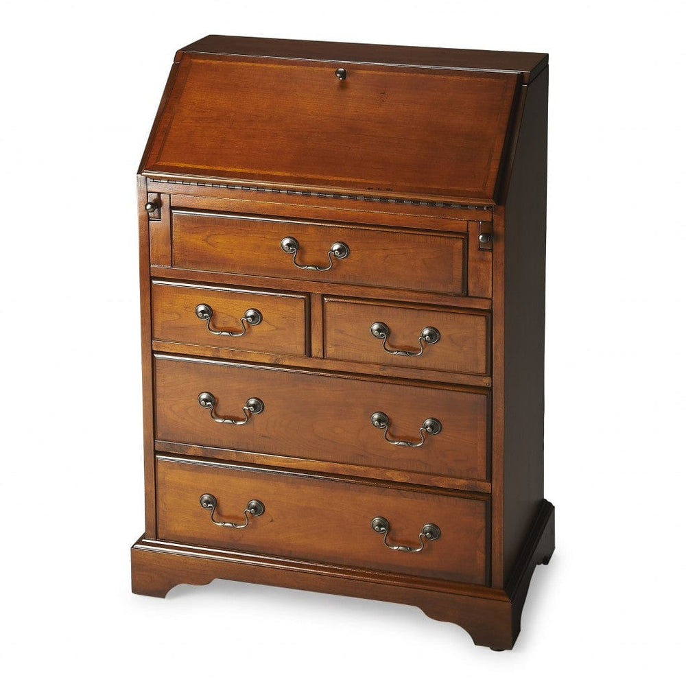 26" Brown Rubberwood Wood Secretary Desk With Five Drawers - Homeroots - Flyclothing LLC