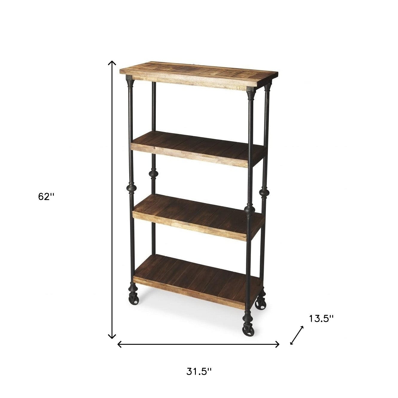 62" Wood Brown Iron Three Tier Standard Bookcase - Homeroots