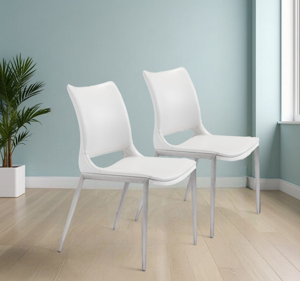 Set of Two White And Silver Upholstered Faux Leather Dining Side Chairs - Homeroots