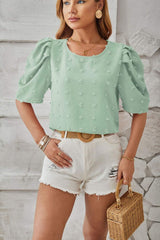 Swiss Dot Round Neck Short Sleeve Blouse - Trendsi - Flyclothing LLC