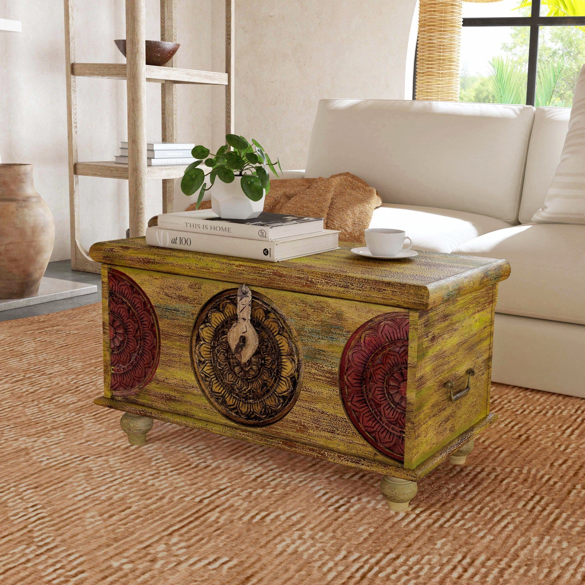 Mesa Carved Wooden Trunk Coffee Table - Homeroots