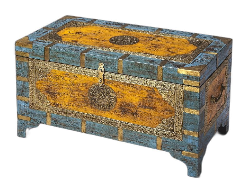 Hand Painted Brass Inlay Solid Wood Storage Trunk - Homeroots