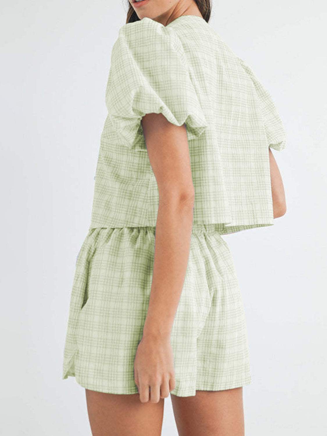 V-Neck Puff Sleeve Top and Shorts Set - Trendsi - Flyclothing LLC