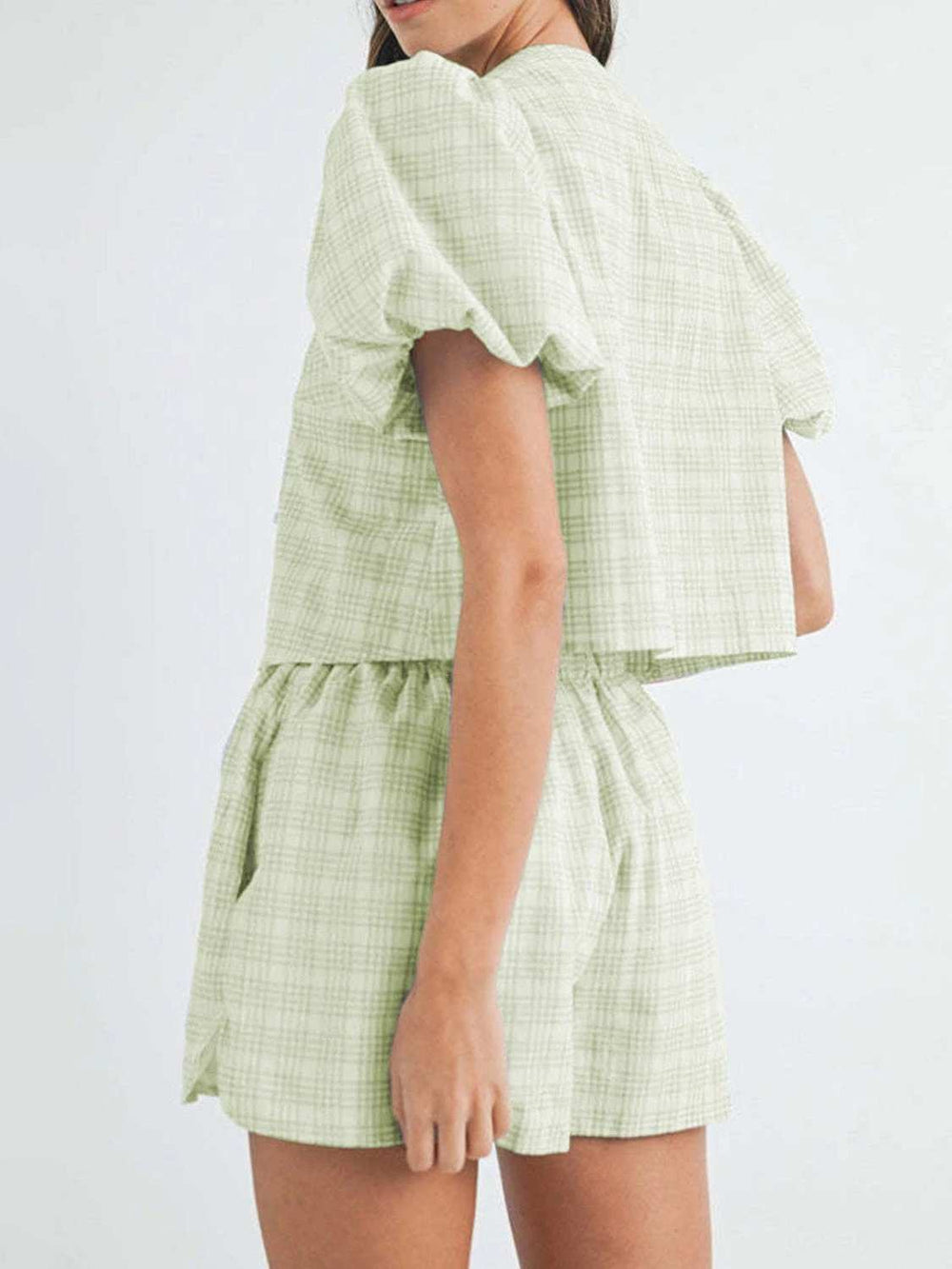 V-Neck Puff Sleeve Top and Shorts Set - Trendsi - Flyclothing LLC