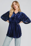 Umgee Pearl Detail Collared Neck Velvet Babydoll Blouse - Trendsi