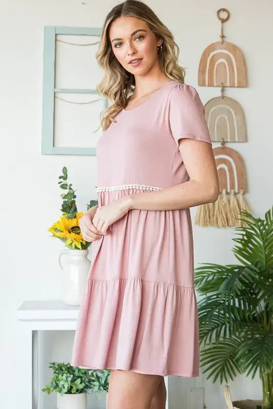 Heimish Full Size Solid Mini Tiered Dress with Pompom Lace Plus Size - Trendsi - Flyclothing LLC