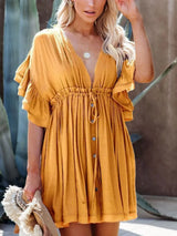 Drawstring Ruffled Half Sleeve Mini Dress - Trendsi - Flyclothing LLC