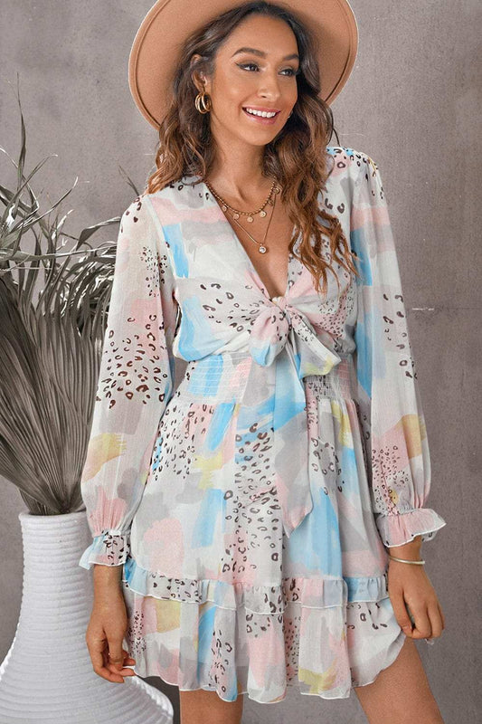 Printed Flounce Sleeve Mini Dress - Trendsi - Flyclothing LLC