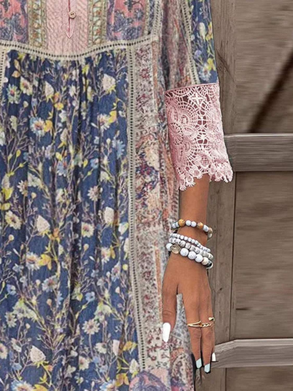 Full Size Lace Detail Printed Three-Quarter Sleeve Dress - Trendsi - Flyclothing LLC