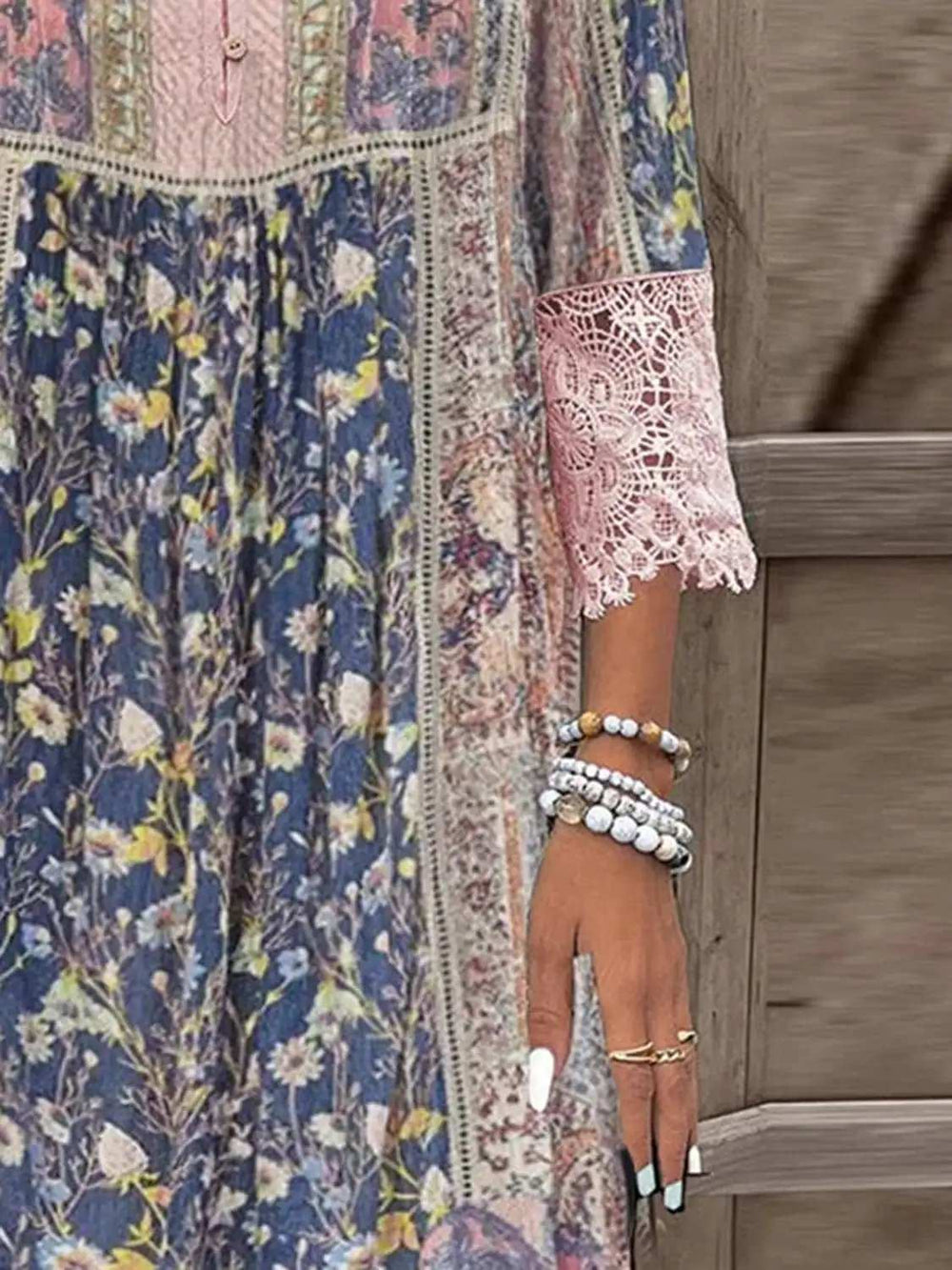 Full Size Lace Detail Printed Three-Quarter Sleeve Dress - Trendsi - Flyclothing LLC