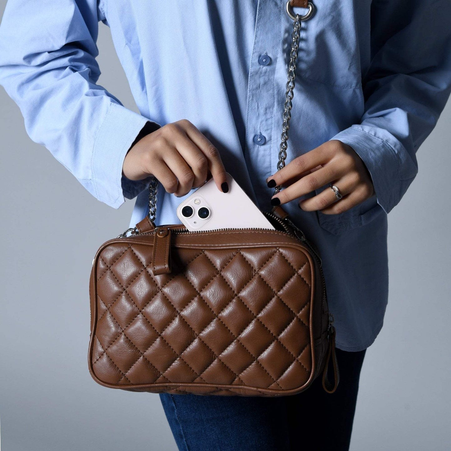 Mini Quilted Crossbody Bag, Rich Brown - Classy Leather Bags - Flyclothing LLC