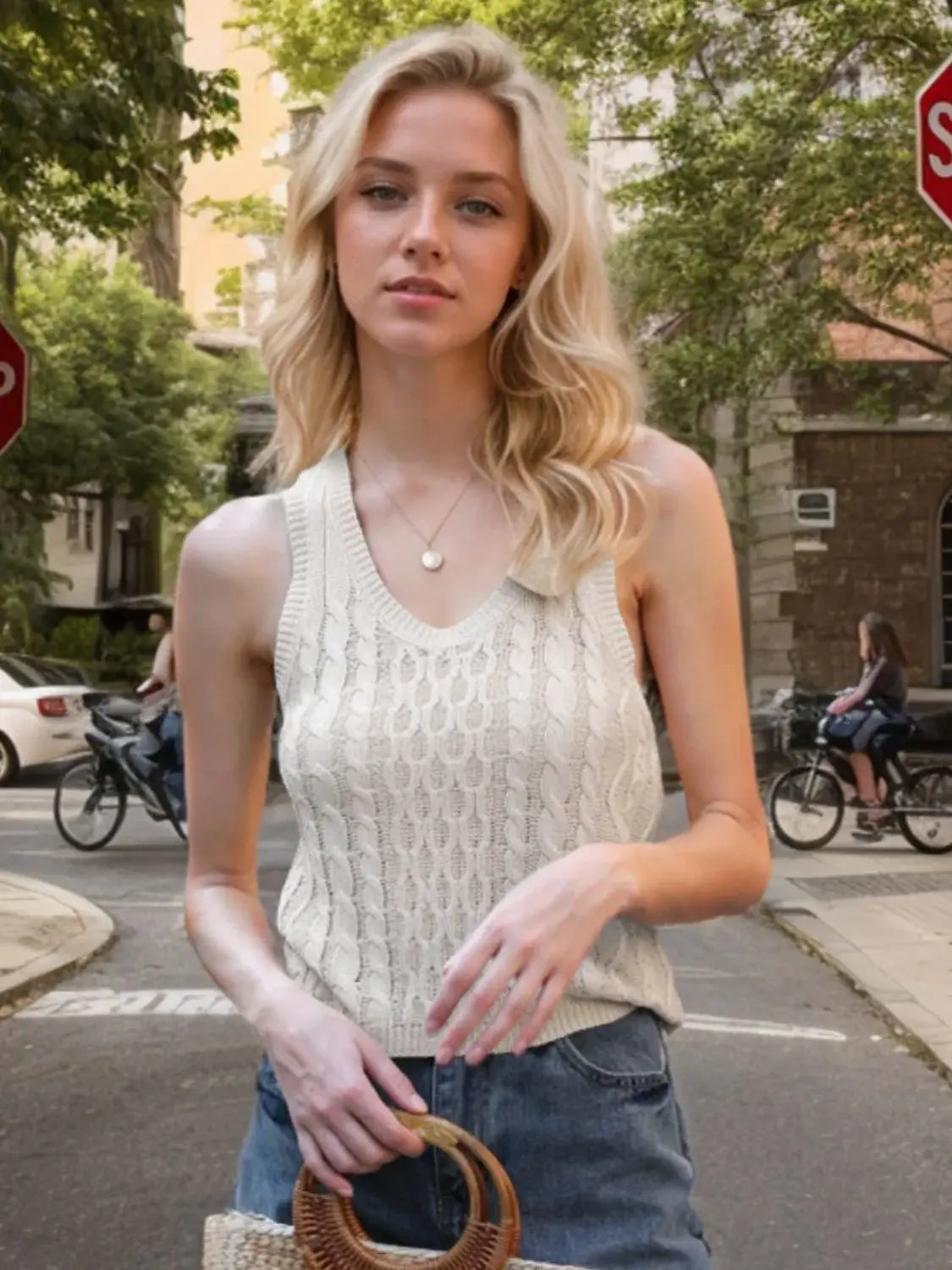 Cable-Knit V-Neck Knit Tank - Trendsi - Flyclothing LLC