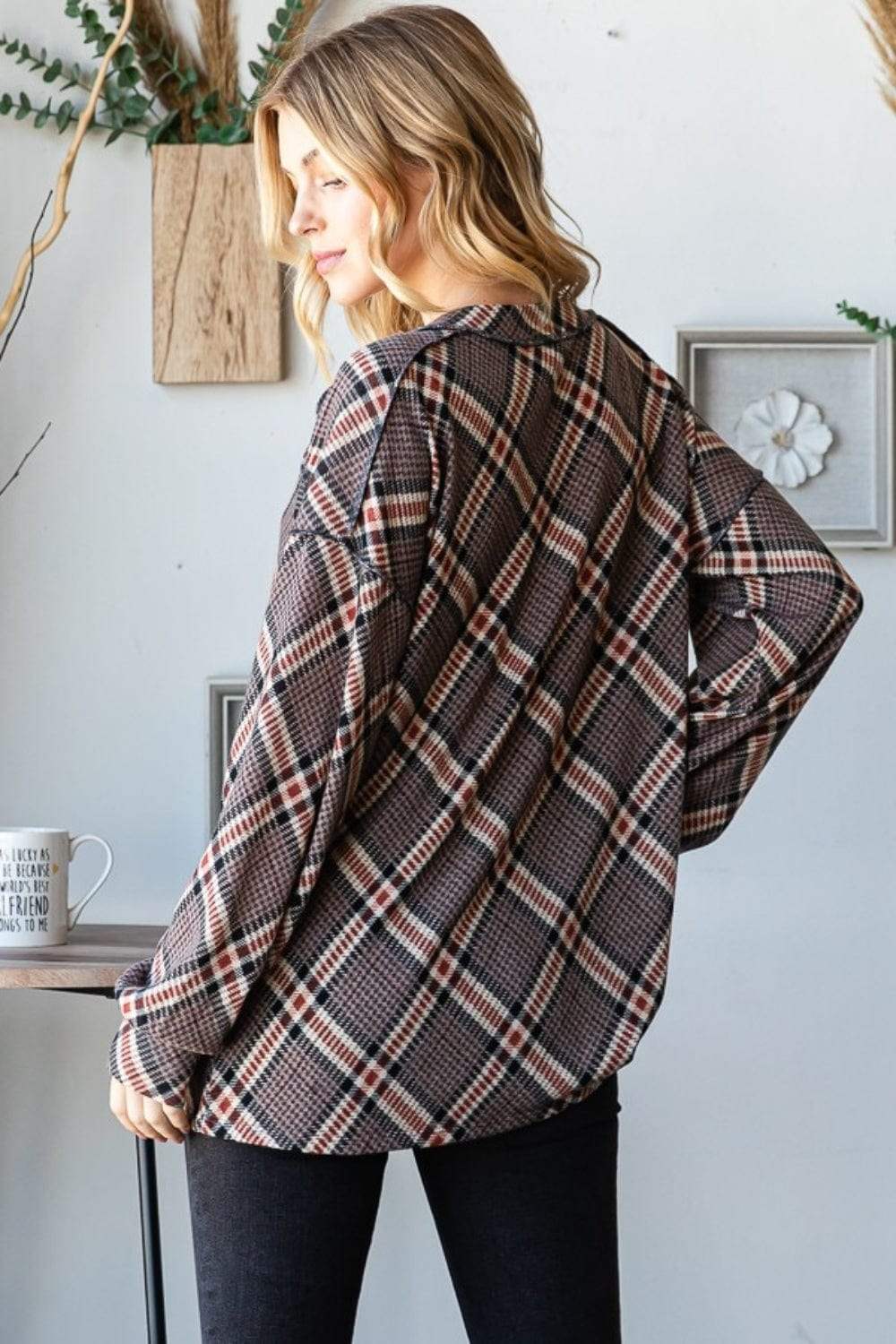Heimish Plaid Exposed Seam V-Neck T-Shirt - Trendsi - Flyclothing LLC