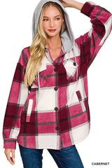 Zenana Plaid Drawstring Hooded Fleece Shacket - Trendsi - Flyclothing LLC