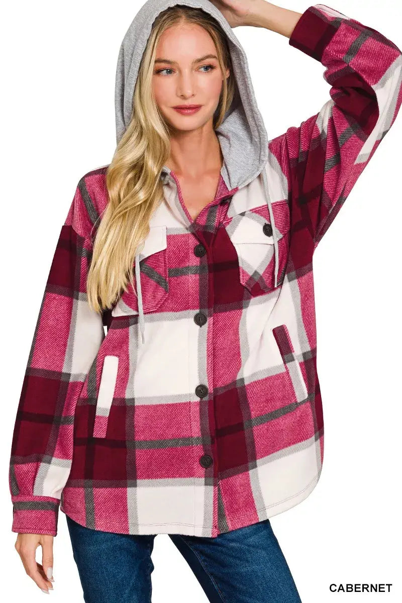 Zenana Plaid Drawstring Hooded Fleece Shacket - Trendsi - Flyclothing LLC