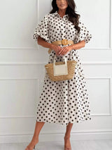 Polka Dot Puff Sleeve Midi Dress - Trendsi - Flyclothing LLC