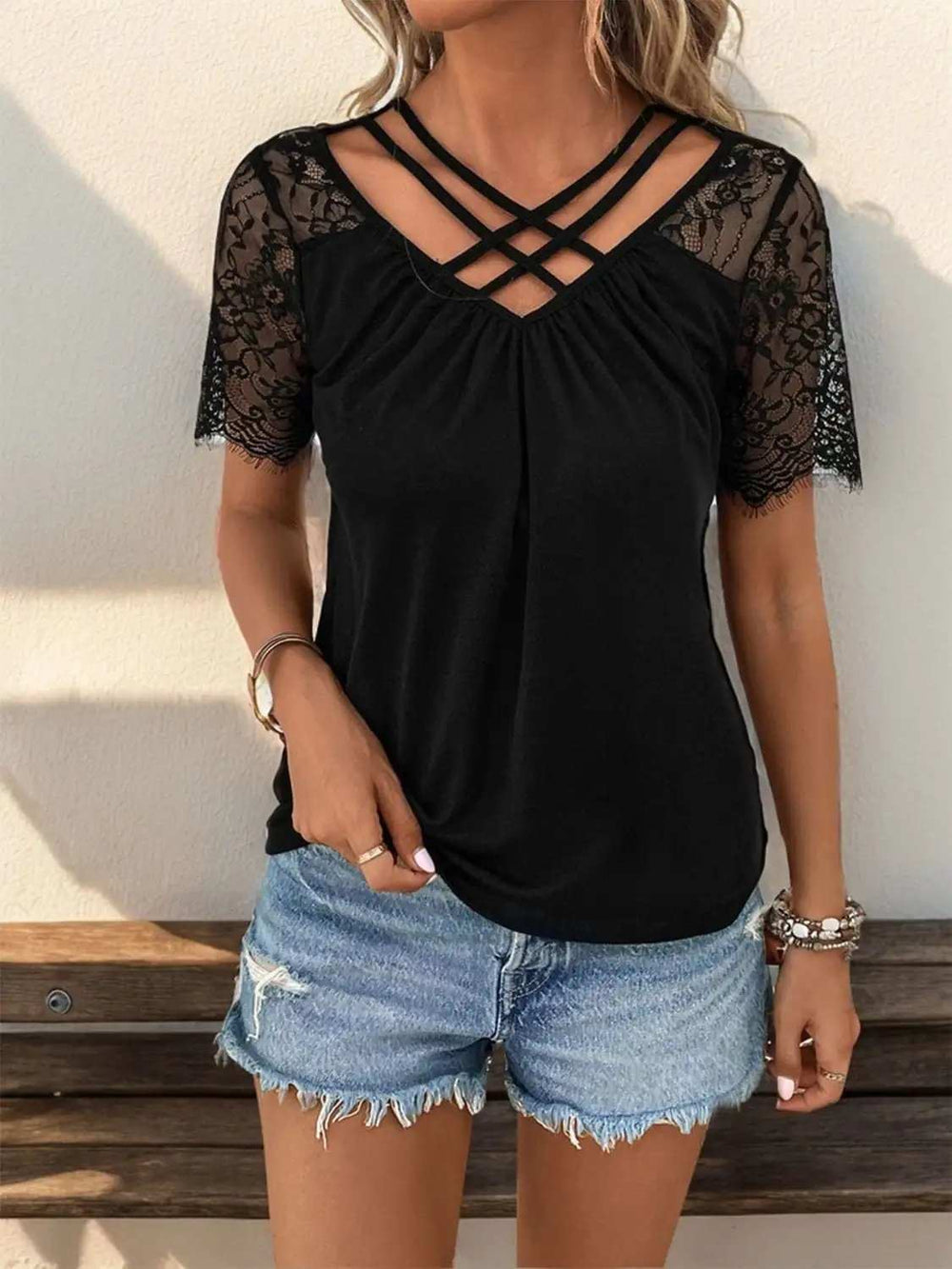 Lace Detail V-Neck Short Sleeve T-Shirt - Trendsi - Flyclothing LLC