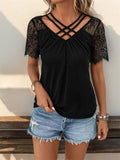 Lace Detail V-Neck Short Sleeve T-Shirt - Trendsi