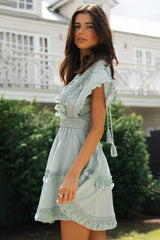 Lace Detail Plunge Short Sleeve Mini Dress - Trendsi - Flyclothing LLC
