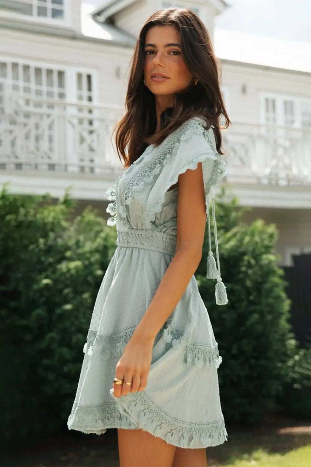 Lace Detail Plunge Short Sleeve Mini Dress - Trendsi - Flyclothing LLC