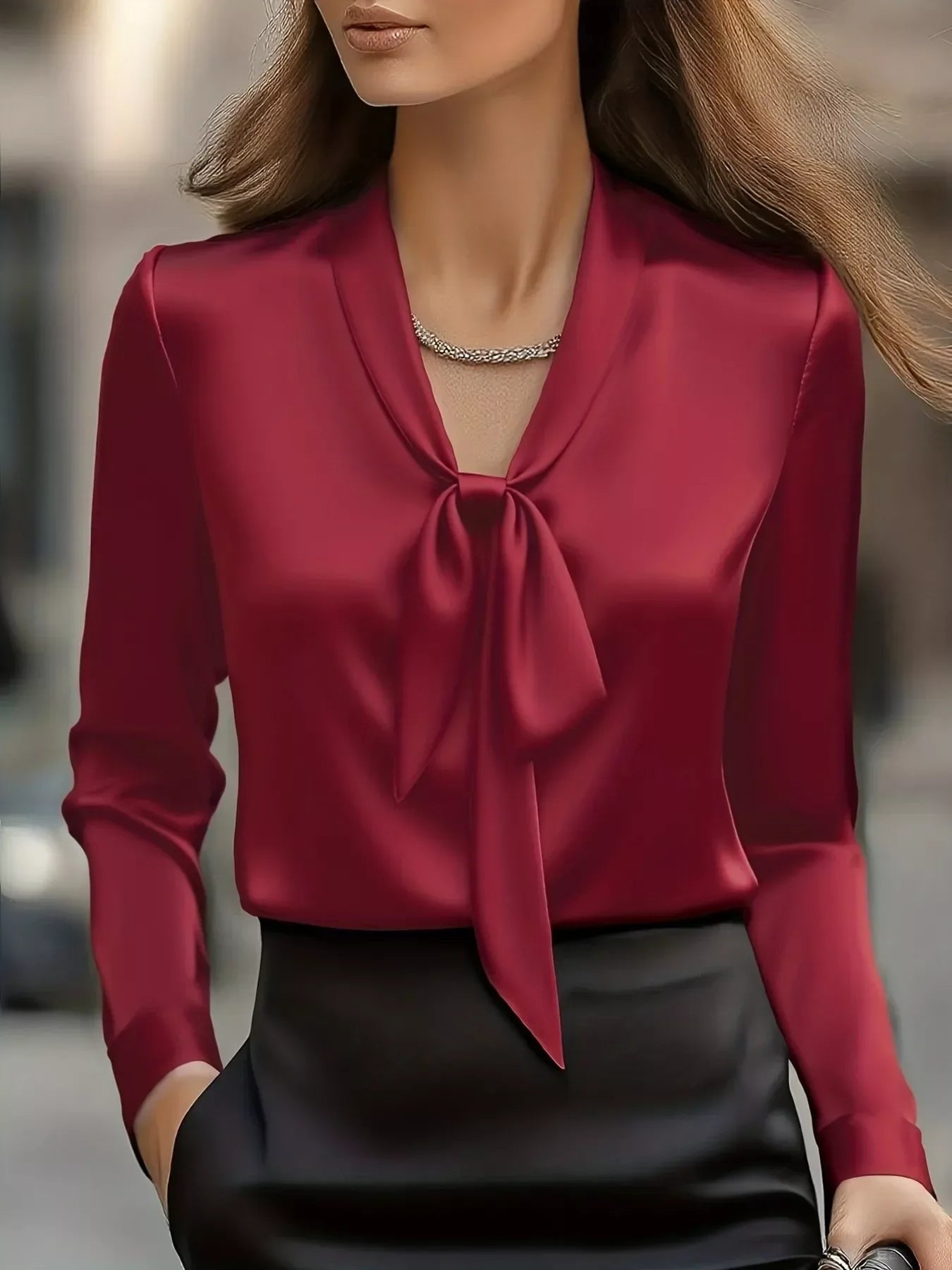 Satin Tie Front Long Sleeve Blouse - Trendsi - Flyclothing LLC