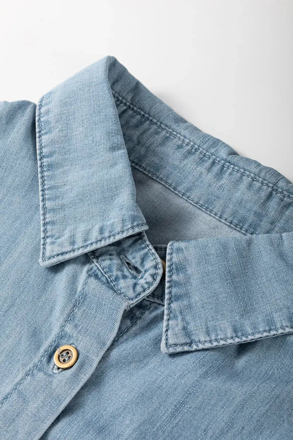 Folded Short Sleeve Patched Pocket Denim Shirt - Trendsi - Flyclothing LLC