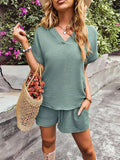 Notched Short Sleeve Top and Shorts Set - Trendsi - Flyclothing LLC