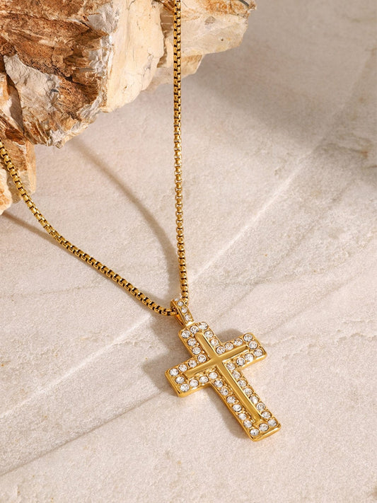 18K Gold-Plated Inlaid Zircon Cross Necklace - Trendsi
